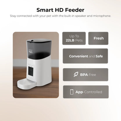 Smart HD Feeder, Automatic Pet Food Dispenser, 6L, 1080P Camera, 2-Way Audio, Backup Power, 15 Meals/Day, White, for Cat & Dog