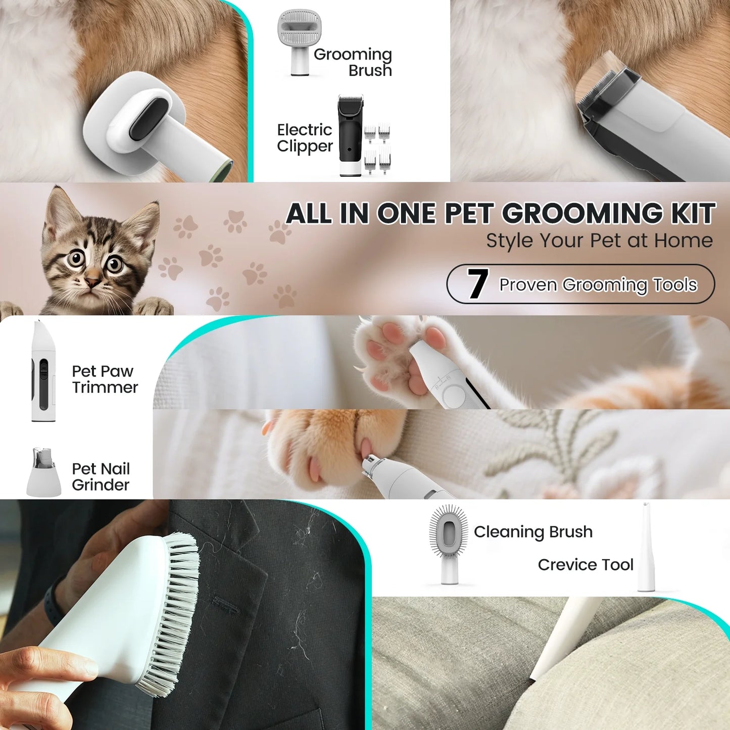 Dog Grooming Kit, 7In1 Dog Grooming Vacuum , 11000Pa Super Suction for Pet Hair,Grooming Vacuum for Shedding Grooming, Low Noise,
